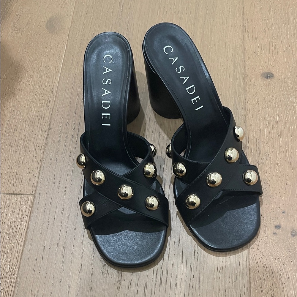 Casadei Black Mules with Gold Accents